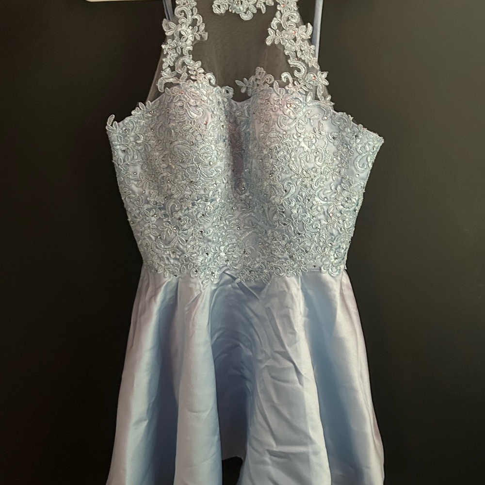 White and Blue Embellished Halter Mini Dress for Prom